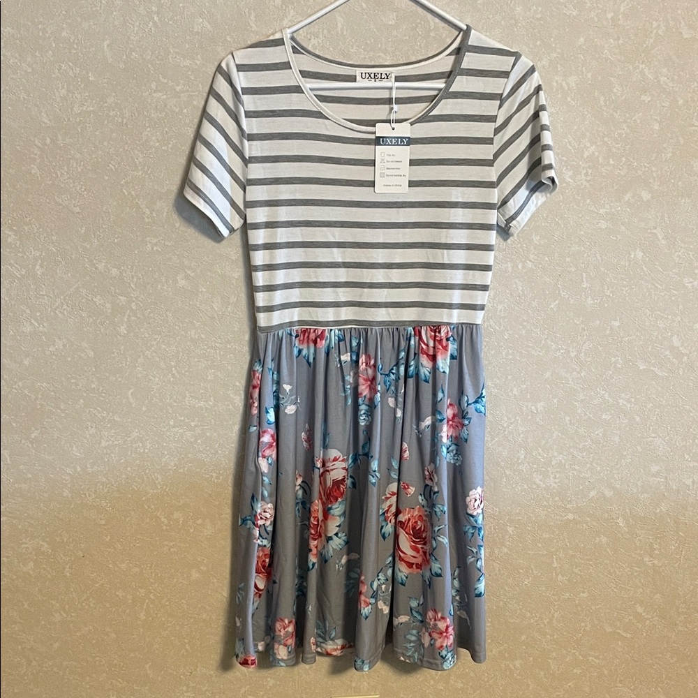 Casual Striped and Floral Dress - Gray and Blue